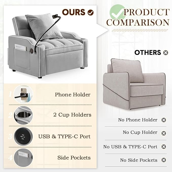 3-in-1 Convertible Sleeper Sofa Bed Chair with Cup Holders &amp Phone Holder Futon Chair Bed with Pull Out Couch Adjustable Backrest Modern Velvet Chaise Lounge for Living Room Bedroom (Grey 35.43