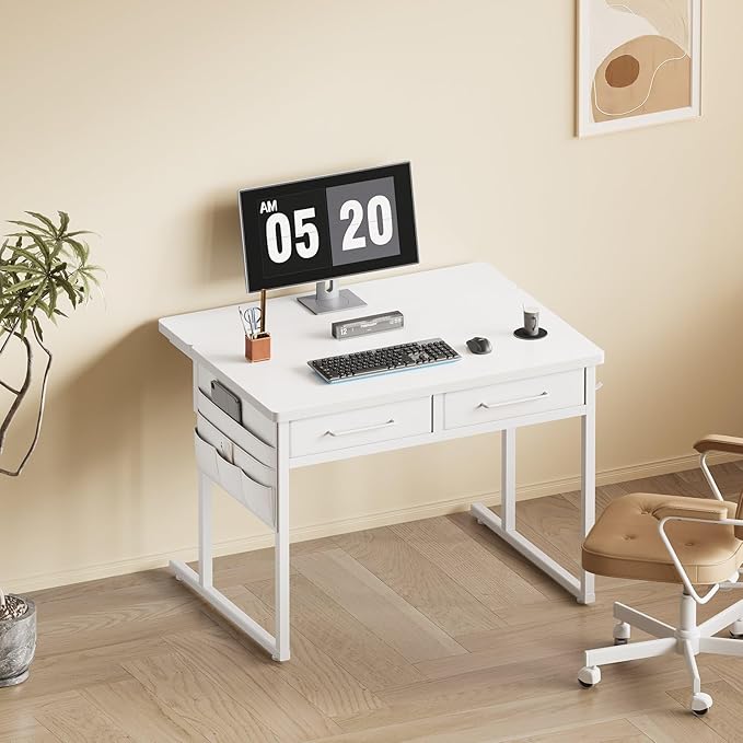 Small desk with Drawers 31.5X15.8-22.9 Inches Office Computer Desk with Side Pocket &amp Ergonomic Adjustable Monitor Stand Writing Table for Small Spaces Kids desk vanity desk Bedroom White