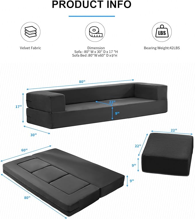 PUREMIND 10 Inch Folding Sofa Bed Velvet Convertible Floor Sleeper Sofa with 3 Ottomans Upholstered 2-in-1 Fold Out Couch Bed Queen Size Guest Bed Foldable Mattress for Living Room Office