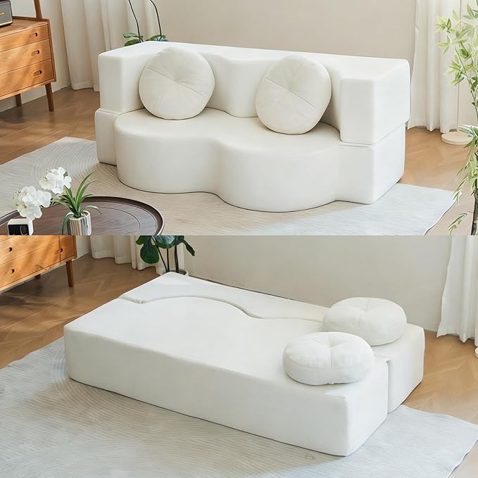 2-in-1 Convertible Folding Sofa Bed Sleeper Sofa with Pillow Teddy Fabric High-Density Foam Floor Mattress Sleeper for Living Room Guest Use Office Apartment No Assembly Required (Beige)