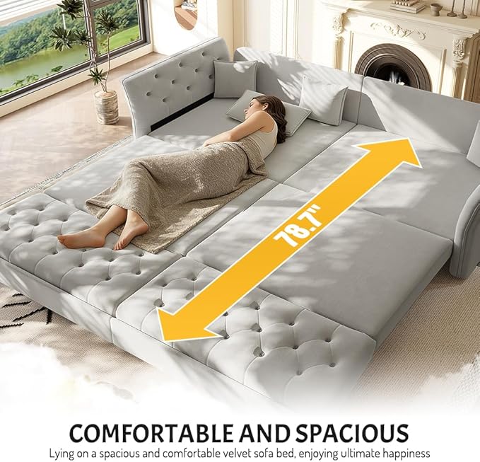 extrasleep 100'' Velvet Pull Out Sofa Bed Oversized King Sleeper Sofa with Handcrafted Floral Tufted Design 3-in-1 Convertible Sleeper Couch Tufted Deep Seat Couch for Living Room Light Grey