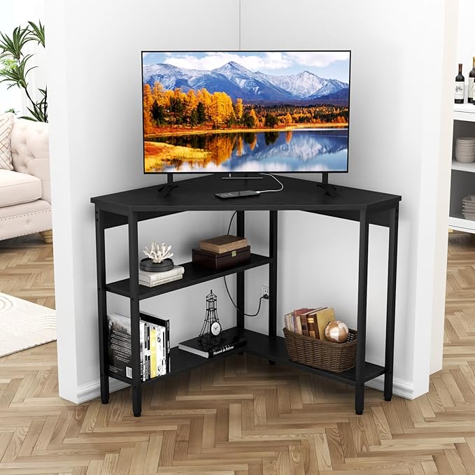 Auromie Corner Desk with Outlets &amp USB Ports 90 Degree Triangle Corner Table with CPU Stand &amp Storage Shelves for Small Space Computer Table with Charging Station for Home Office Bedroom (Bl