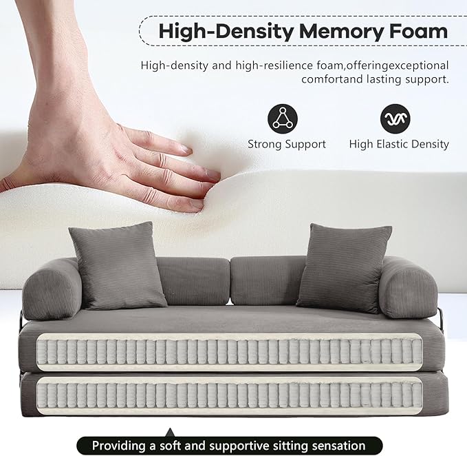 Convertible Folding Sofa Bed Modular Floor Sofa with Removable Backrest Corduroy Folding Mattress Couch with Fixed-Shape Frame for Living Room Bedroom Lounge (Grey)