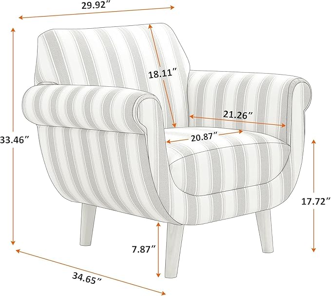 VANOMi Mid-Century Accent Chair with Stripe Pattern Modern Linen Fabric Armchair with Wood Legs Club Chair for Living Room Comfy Upholstered Side Chairs for Bedroom Reading Small Place (Grey)