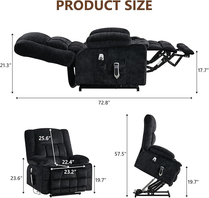 Massage Power Lift Recliner Chair Lift Recliner with Heat Recliners with 8 Massage PointsUSB Charge Port 2 Cup Holders Suitable for Elderly Adults Man Women for Living RoomBedroom (Black)