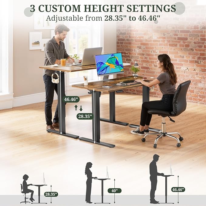 55 x 24 in Electric Standing Desk - Memory Height Adjustable Ergonomic Sit-to-Stand Rising Computer Table Gaming Workstations with 2 Hooks and Wire Hole for Home Office Brown