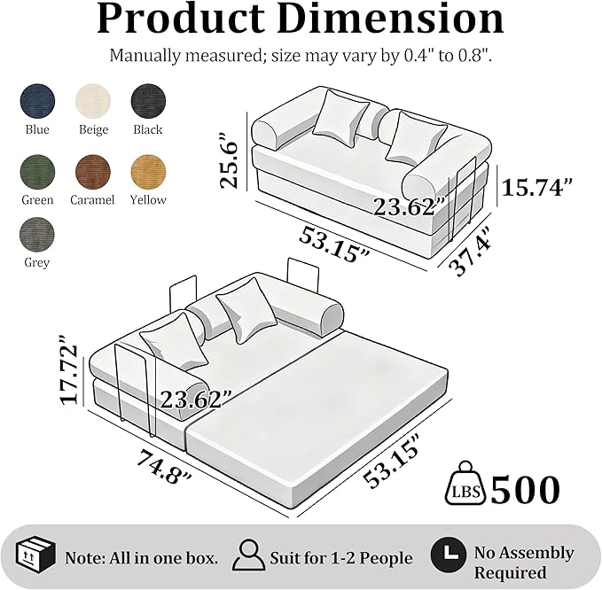 53.15'' Convertible Compressed Corduroy Folding Cloud Sofa Bed Modern Boneless Pull Out Loveseat Sleeper in a Box 4 in 1 Floor Mattress Futon Cloud Couch No Assembly Needed Grey 2 Pillows Full