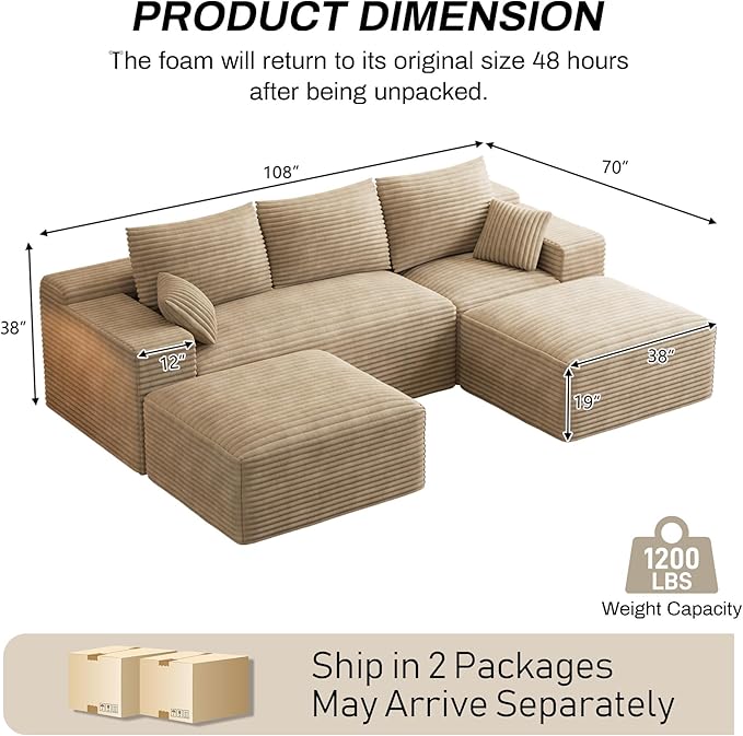 Modular Sectional Sofa Cloud Couch 108'' Comfy U Shaped Sectional Couches for Living Room Deep Seat Cozy Fluffy Corduroy Boneless Couch Sectionals Sofa with Movable Ottomanm Light Brown