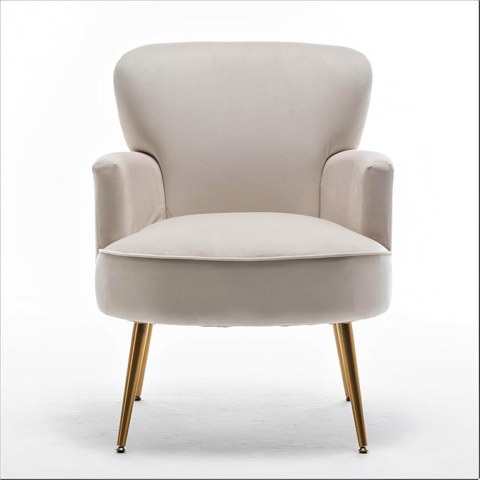 Trendy Velvet Accent Chair with Gold Metal Legs Upholstered Armchair for Small to Mid-Size Spaces Modern Living Room Bedroom Vanity Desk and Entryway Ivory