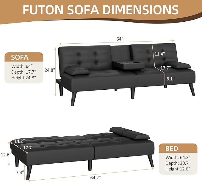 Shintenchi Futon Sofa Bed Leather Foldable Couch Reclining Sleeper with Removable Armrests Upholstered Loveseat Sofa Couch with Folding Cup Holders for Home Office(Black)