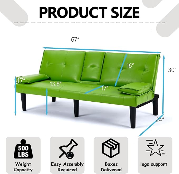 Green Futon Couch &amp Convertible Futon Sofa Bed for Small Space 67 Loveseat Couches with Removable Armrests &amp 2 Cup Holders for Living Room Bedroom Dorm Apartment Easy Assemble (Green)