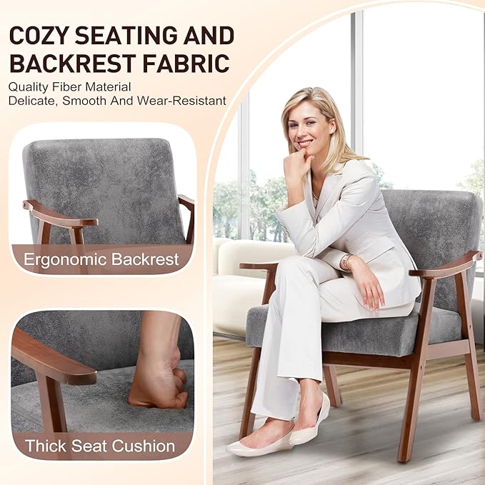 Mid Century Modern Accent Chair with Solid Wood Frame Fabric Microfiber Upholstered Armchair for Bedroom Reading Room Living Room and Lounge Grey