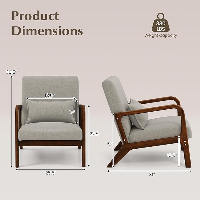 KOMFOTT Mid-Century Modern Accent Chair Set of 2 Living Room Leisure Chair with Cushioned Seat &amp Back Upholstered Armchair with Rubber Wood Frame &amp Lumbar Pillow Lounge Chair for Bedroom G