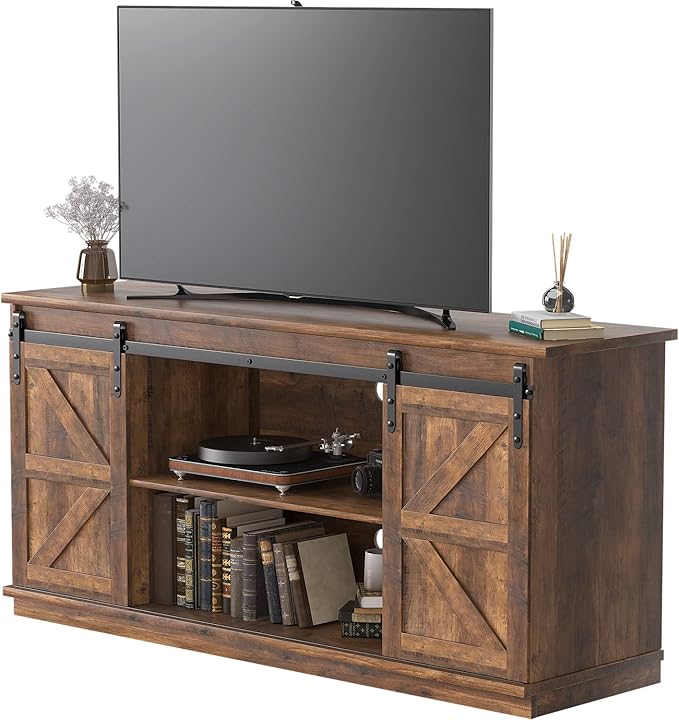 JUMMICO TV Stand for 65 Inch TV Entertainment Center with Storage Cabinets and Sliding Barn Doors Mid Century Modern Media TV Console Table for Living Room Bedroom (Rustic Oak)