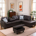 L Shaped Sectional Couch with Ottoman Modern Leather Modular Sectional Sofa with Cup Holder Nail-Head Design L Shaped Couch for Living Room Bedroom Brown