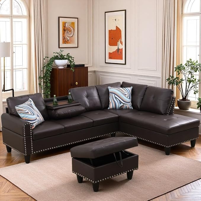 L Shaped Sectional Couch with Ottoman Modern Leather Modular Sectional Sofa with Cup Holder Nail-Head Design L Shaped Couch for Living Room Bedroom Brown