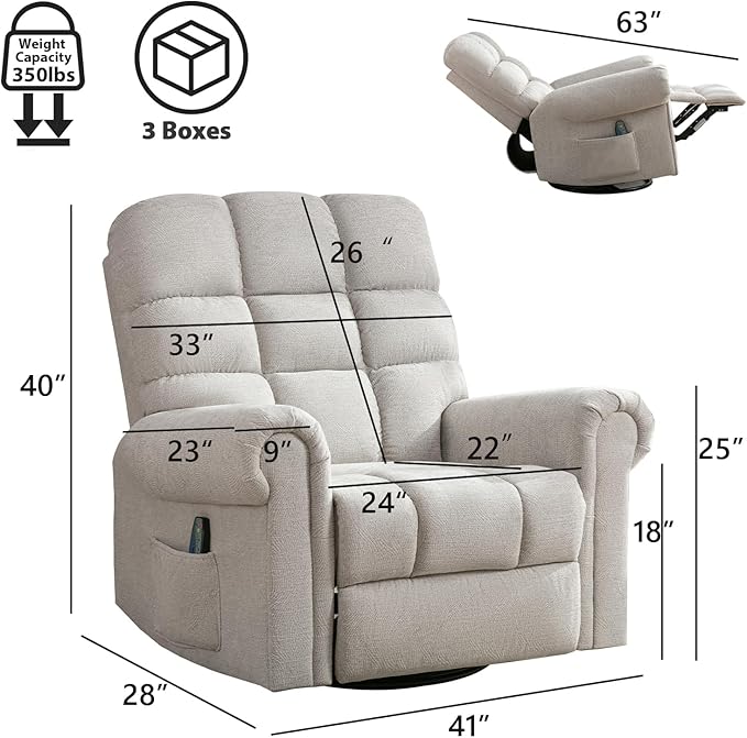 CANMOV Massage Swivel Rocker Recliner Chair with Heat and Vibration360°Swivel Rocking Glider Recliner Single Sofa with Side Pocket Manual Recliner Chair for Living RoomBedroomLight Grey