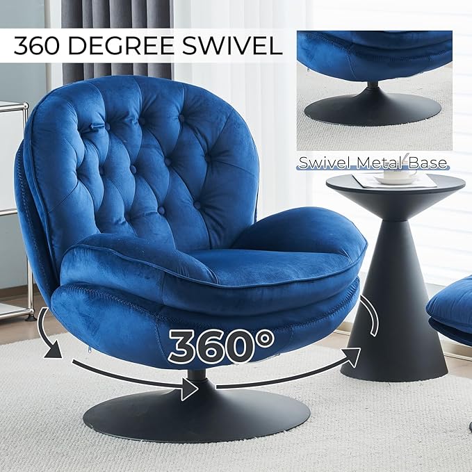 Velvet Swivel Accent Chair with Ottoman Set Modern Tufted Armchair with Footrest for Living Room Reading TV Chair for Adults Comfy Chaise Lounge Chairs with 360 Degree Swiveling for Bedroom Blue