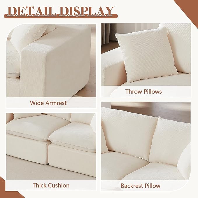 78” Cloud Loveseat Sofa with Cushions Boneless Couch in a Box Chenille Foam Couch for Bedroom Living Room Apartment Modern Small No Assembly (White)