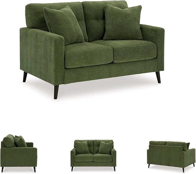 Signature Design by Ashley Bixler Mid-Century Modern Tufted Loveseat with 2 Toss Pillows Green