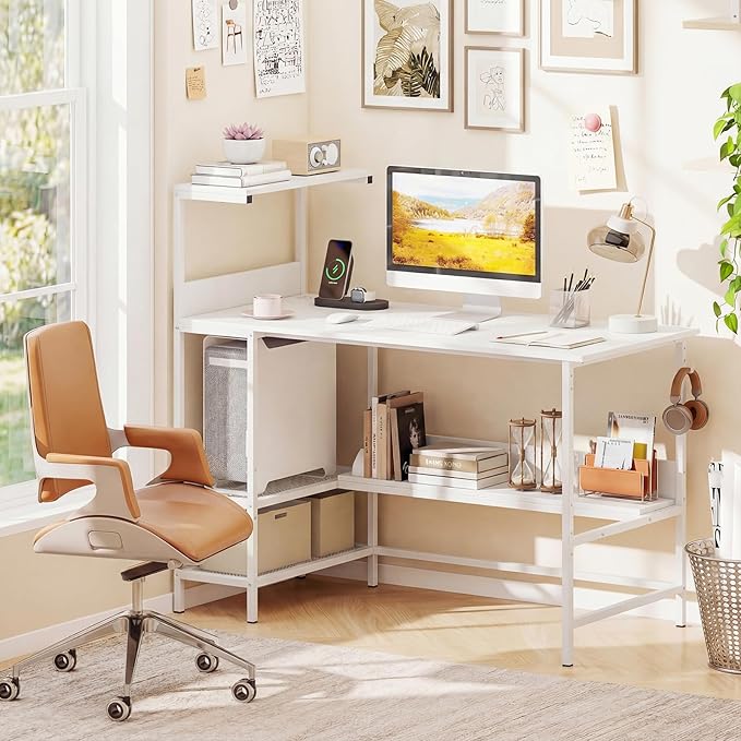 Giantex 48 Computer Desk with Charging Station Reversible Writing Desk with Storage Shelves &amp Headphone Hook Small Gaming Desk Industrial Computer Workstation for Home Office (White)