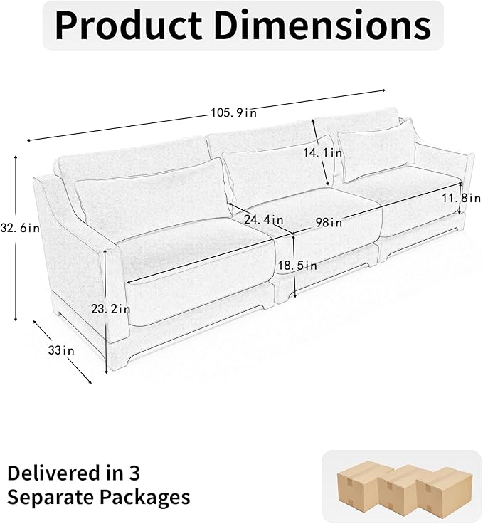 Livavege 105.9 Modular Sectional Sofa Couches for Living Room Modern Comfy 3 Seater Couch with Thick Cushions &amp Solid Wood Frame Upholstered Chenille Deep Seat Sofas for Bedroom Apartment Blu