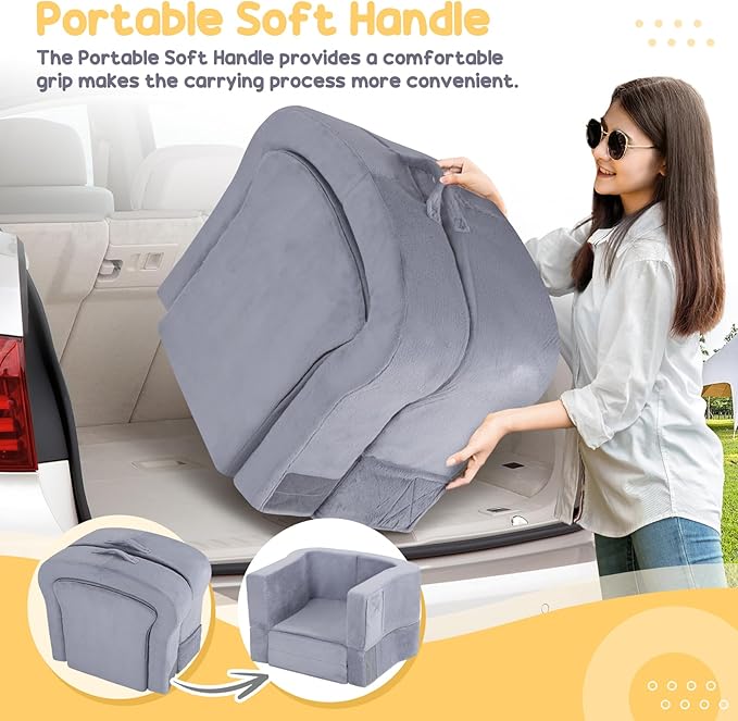 Toddler Travel Bed 2-in-1 Foldable Portable Toddler Bed Sofa Chair Soft Baby Kids Travel Floor Cot with Washable Covers Safety Foam Raised Bumper for Camping Hotel Sleeping (Grey)