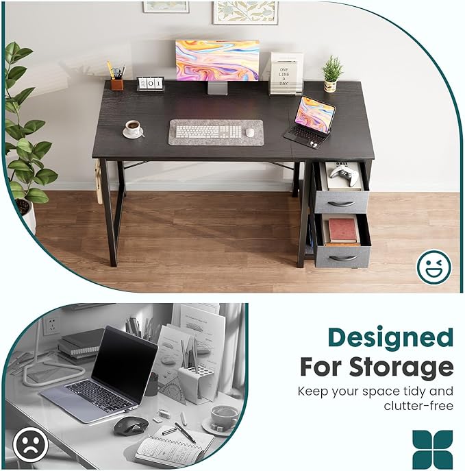 Sweetcrispy 40 Inches Computer Desk with Drawers Home Office Writing Desk with X-Shaped Reinforcement Modern Study Work Table with Side Hook Sturdy Metal Frame Black