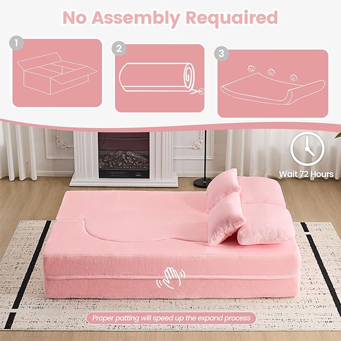 78” Convertible Folding Sofa Bed Full Size Sleeper Loveseat Chenille Full Foam Floor Couch for Living Room Bedroom No Assembly Required (Pink)