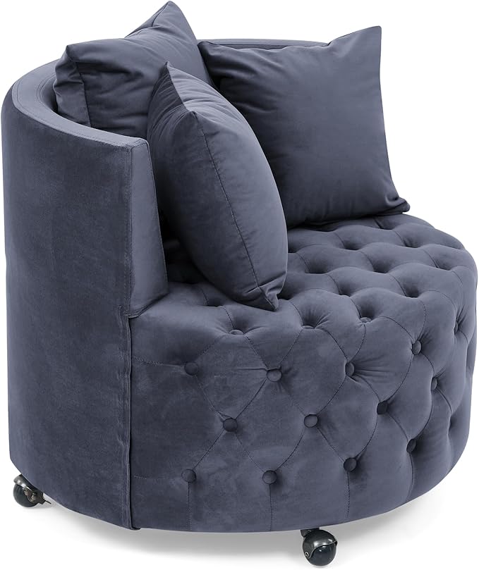 Velvet Upholstered Swivel Chair for Living Room with Button Tufted Design and Movable Wheels Including 3 Pillows Grey
