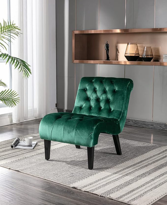 KINFFICT Velvet Accent Lounge Chair for Living Room Modern Leisure Chair with Tufted Backrest Indoor Armless Side Chair Upholstered Bedroom Sleeper Chairs with Solid Wood Legs