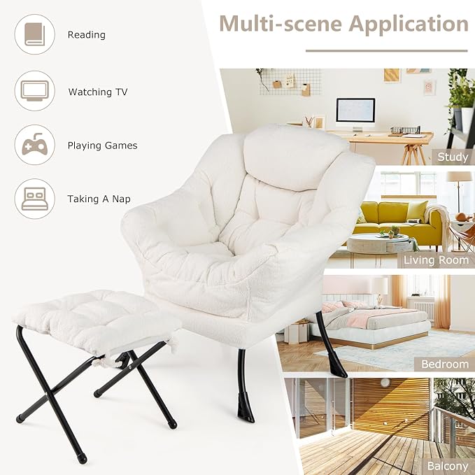 HOMGX Lazy Chair with Ottoman Modern Accent Chair w/Folding Footstool &amp Side Storage Pocket Upholstered Comfy Reading Chair for Bedroom Living Room Office (Beige)
