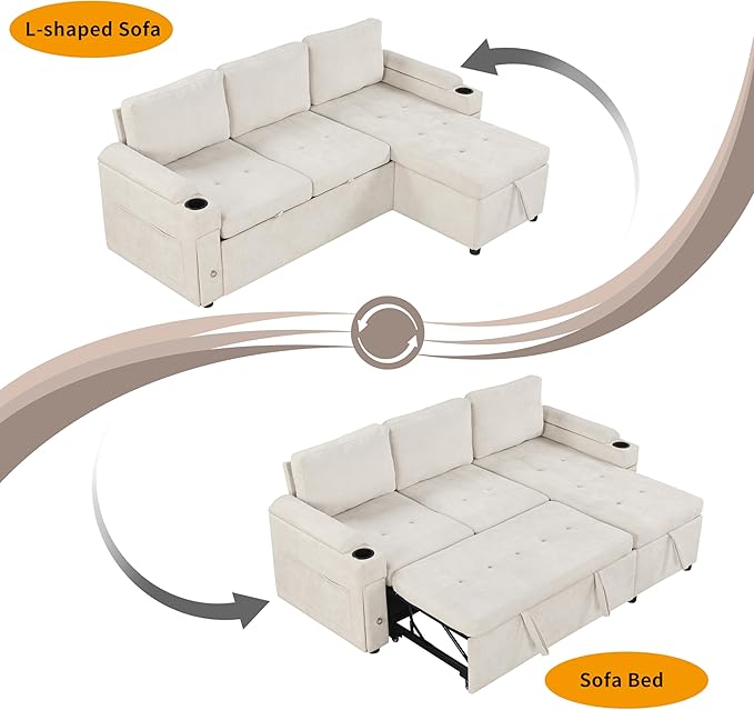 Merax Modern 83.5 L-Shaped Sectional Sofa with Pull-Out Sleeper Bed USB Ports &amp Cup Holders Chenille 3-Seat Couch with Storage Chaise Lounge Side Pocket &amp Drawers for Living Room Beige
