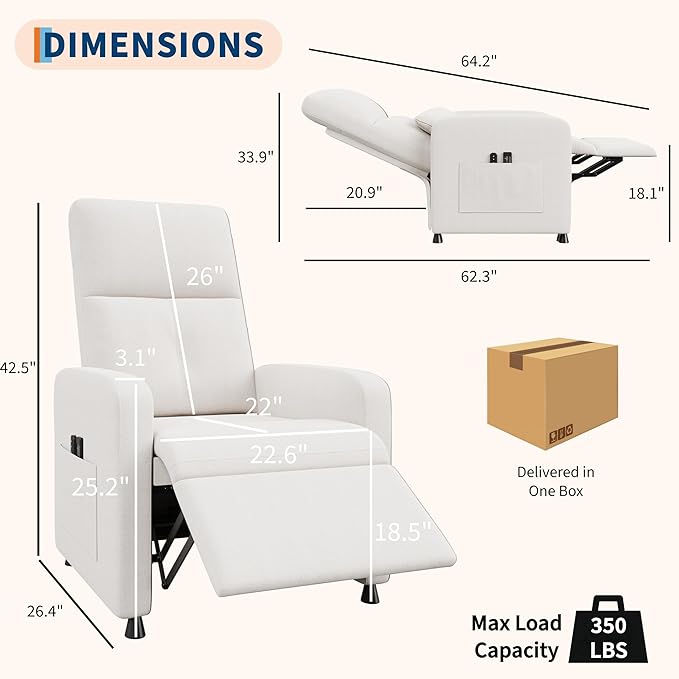 Power Recliner Chair Adjustable Electric Reclining Chair for Adults Overstuffed Tall Back Sofa with Padded Seat 2 Side Pockets &amp USB Port Home Theater Seating for Living Room - White