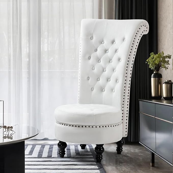 AVAWING High Back Throne Chair Velvet Armless Royal Accent Chair w/Storage Nailhead Trim &amp Rubberwood Legs for Living Room &amp Bedroom White