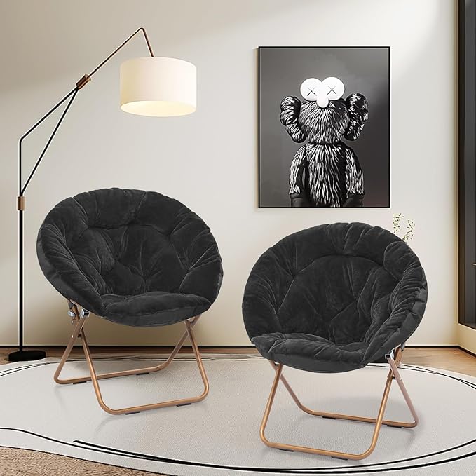 Round Saucer Chair for Teens and Adults Faux Fur Folding Living Room Cozy Moon Chairs Set of 2 (Black)