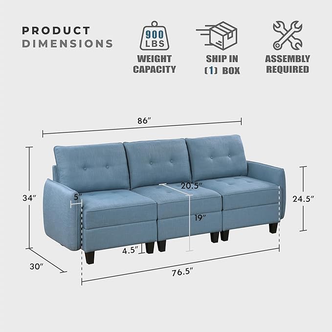 Lexicon Modern Couch with Hidden Storage Textured Fabric Modular Sofa Couch with Button-Tufted Design Reversible Back Cushion for Living Room/Bedroom/Office Blue