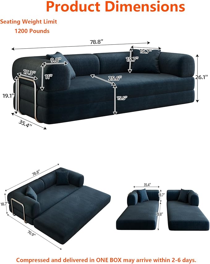 Convertible Sleeper Sofa Bed with Cylindrical Pillow 79 Inch Oversized Corduroy Upholstered Boneless CouchLove Seat Floor Sofas Living RoomSmall Space ApartmentOffice (Blue)