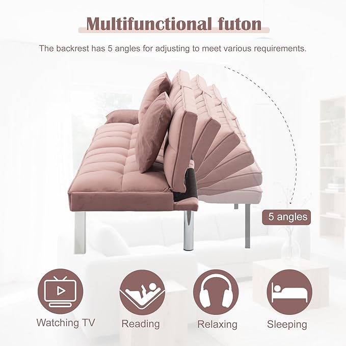 68 Modern Sofa Bed FutonConvertible Sleeper Bed Couch with 4 Reclining BackrestComfy Velvet Cloud Sofa Loveseat for Living Room Bedroom Office (Pink)