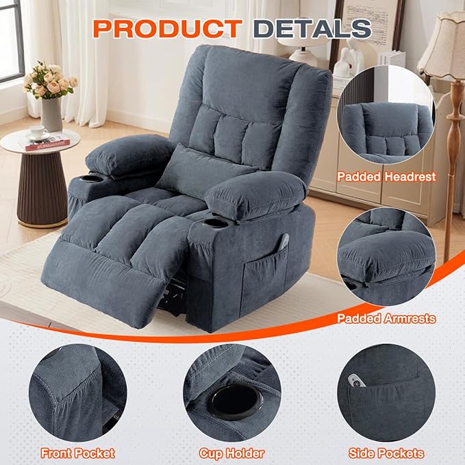 Swivel Recliner Chair for AdultsRocker Recliner with Vibration Massage and Lumbar HeatErgonomic Rocking Chair with Side Pocket2 Cup Holders for Living Room