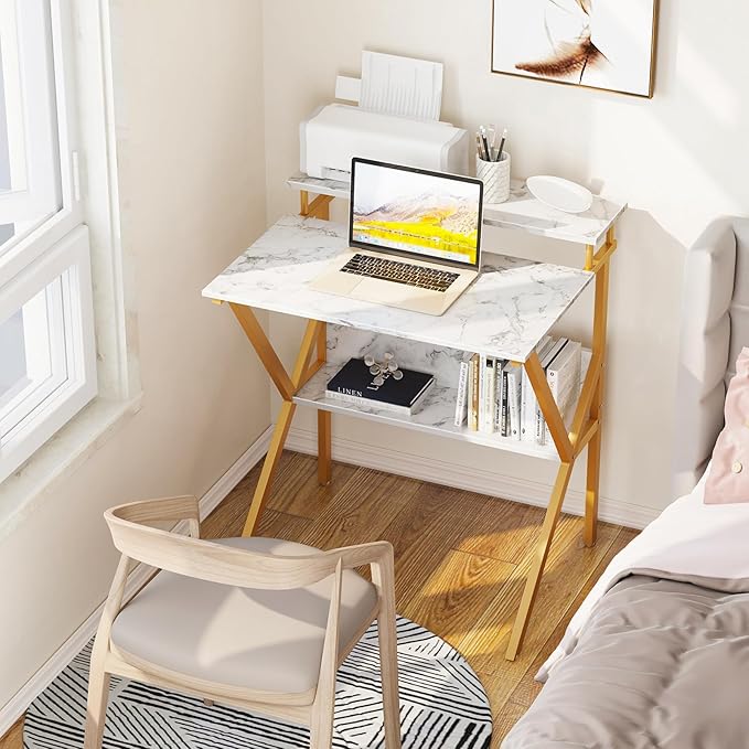 ODK Small Desk 27.5 Inch Computer Desk for Small Spaces Kids Desk with Storage Study Table with Monitor Stand for Homeschool White Marble + Gold Leg