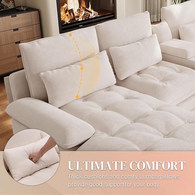 134U Shaped Sectional Couch for Living Room Modern Chenille 6 Seat Living Room Sofa Set with Storage Console Oversized Modular Sectional Fluffy Couch with Tufted Buttons &amp Chaise LoungeBeige
