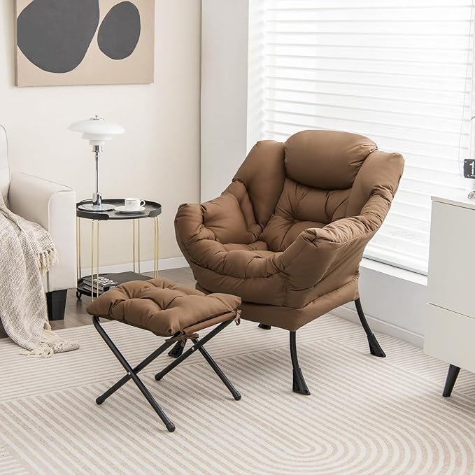 GORELAX Lazy Chair with Ottoman Modern Accent Chair w/Armrests &amp Side Pocket Upholstered Lounge Sofa Chair &amp Folding Footstool Set Reading Chair for Bedroom Living Room Dorm Room (Brown)