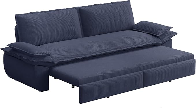 73.2‘’ Queen Size Sofa Bed Corduroy Loveseat 3-in-1 Convertible Sleeper Sofa Couch Love Seat Pull Out Sofabed Space Saving Blue