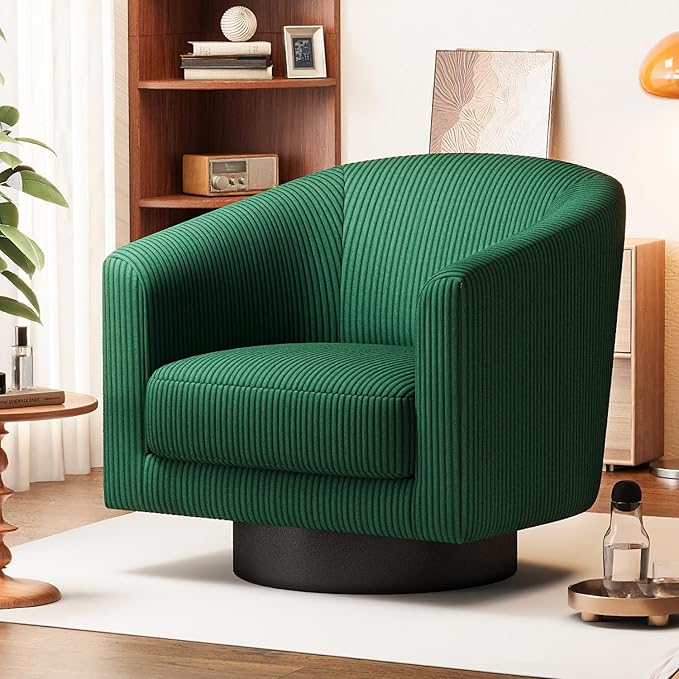 360° Swivel Accent Chairs Modern Bucket Chair Corduroy Barrel Armchair Comfy Boucle Chair Single Sofa for Living Room Bedroom. Green