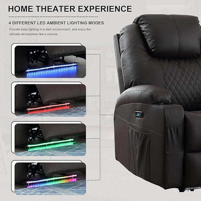 Power Recliner Chair with Heat and Massage PU Leather Home Theater Seating with LED Lights/Cup Holders/Side Pocket/USB Port Reclining Sofa Chair for Living Room(2 Brown)