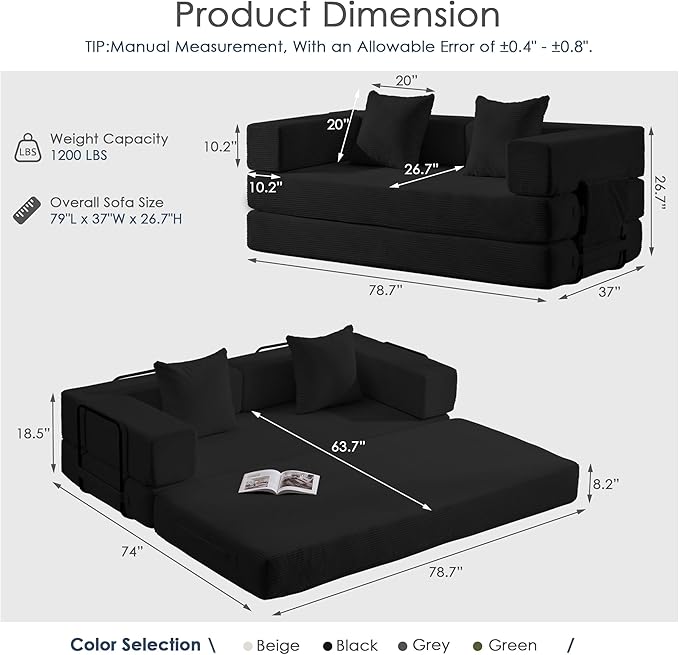 Convertible Sleep Sofa Bed with Armrests and Backrest Corduroy Folding Couch with 2 Pillow Modular Sectional for Living Room Bedroom Studio-No Assembly NeededBlack