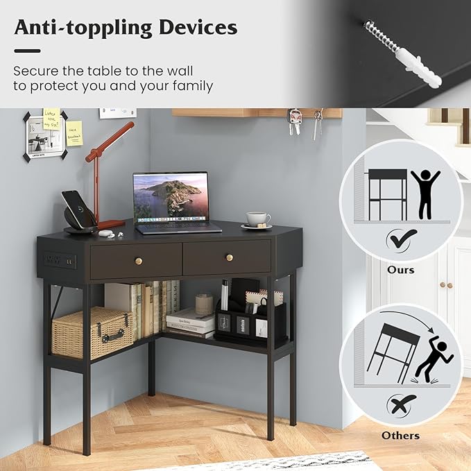 Corner Desk with Charging Station 90° Triangle Desk w/ 2 Drawers Storage Shelves Corner Vanity Table for Bedroom Compact Computer Desk for Small Space