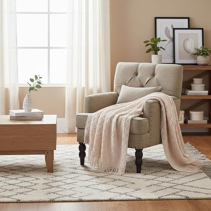 HUIMO Tufted Club ChairAccent Chair with Lumbar Pillow Upholstered Button Armchair Linen Fabric Sofa Chairs for Bedroom Living Room Mid Century Modern with Studded Reading Chair Brown