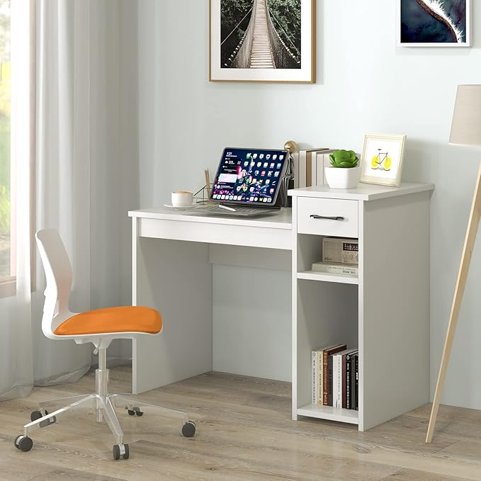 Giantex White Computer Desk 40 Study Writing Desk with Drawers and Printer Shelves Modern PC Laptop Workstation for Small Space Home Office